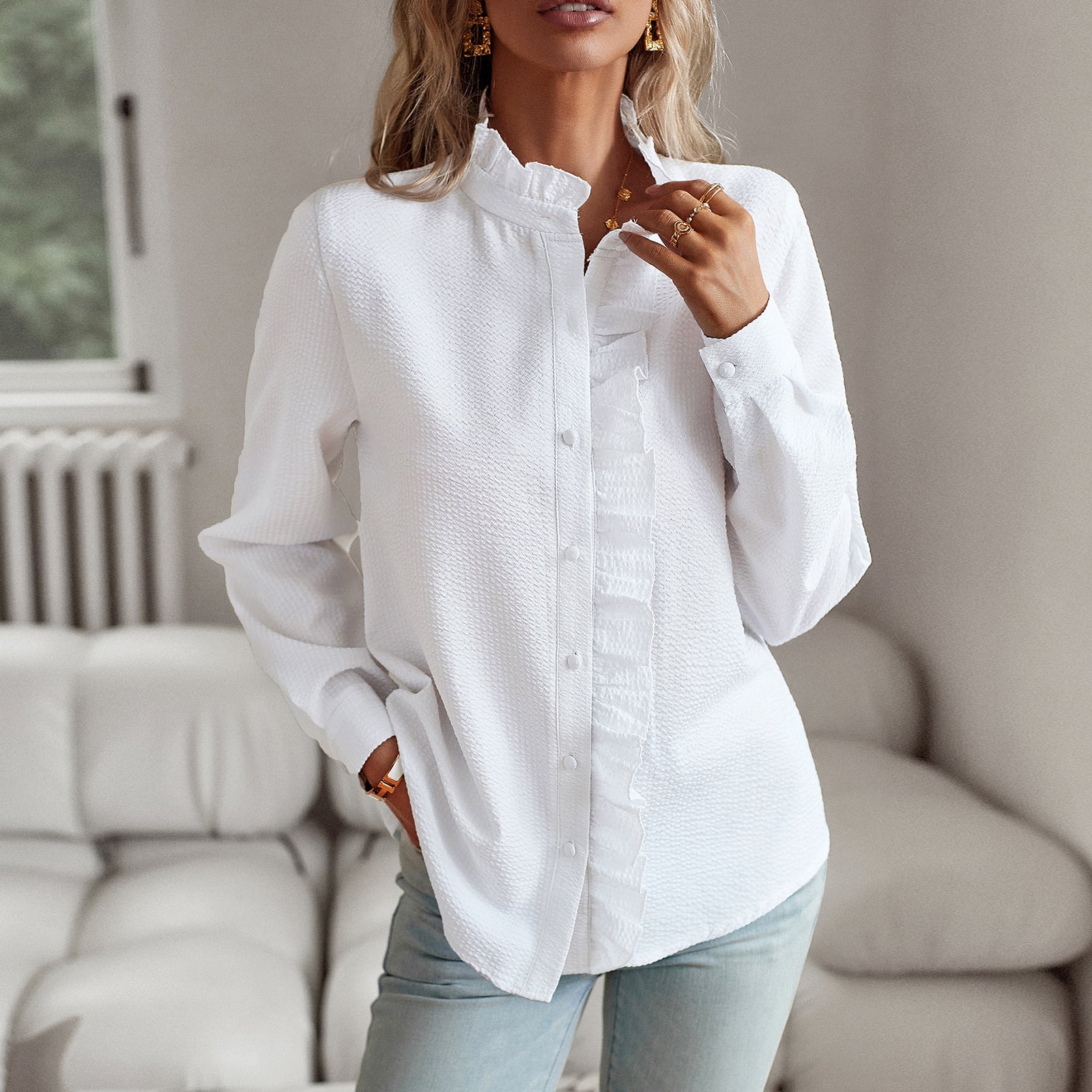 Chemisier Femme Chic Longsleeve Ruch en Coton et Polyester – Élégant et Confortable pour Automne-1