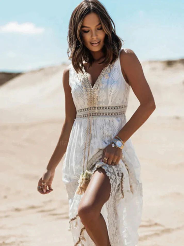 Robe Boho Élégante en Tissu Respirant – Modèle MIDI avec Doublure Intérieure et Cou V-2