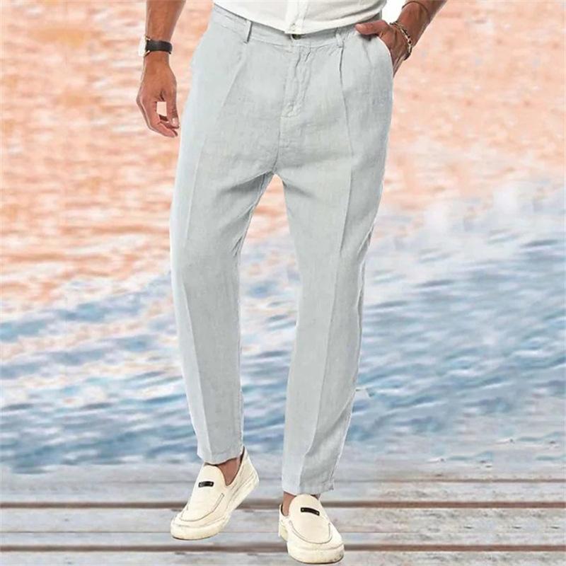 Pantalon en Lin Homme Droit Lâche Respirant – Confort Optimal Couleur Unie pour Toutes Saisons-1