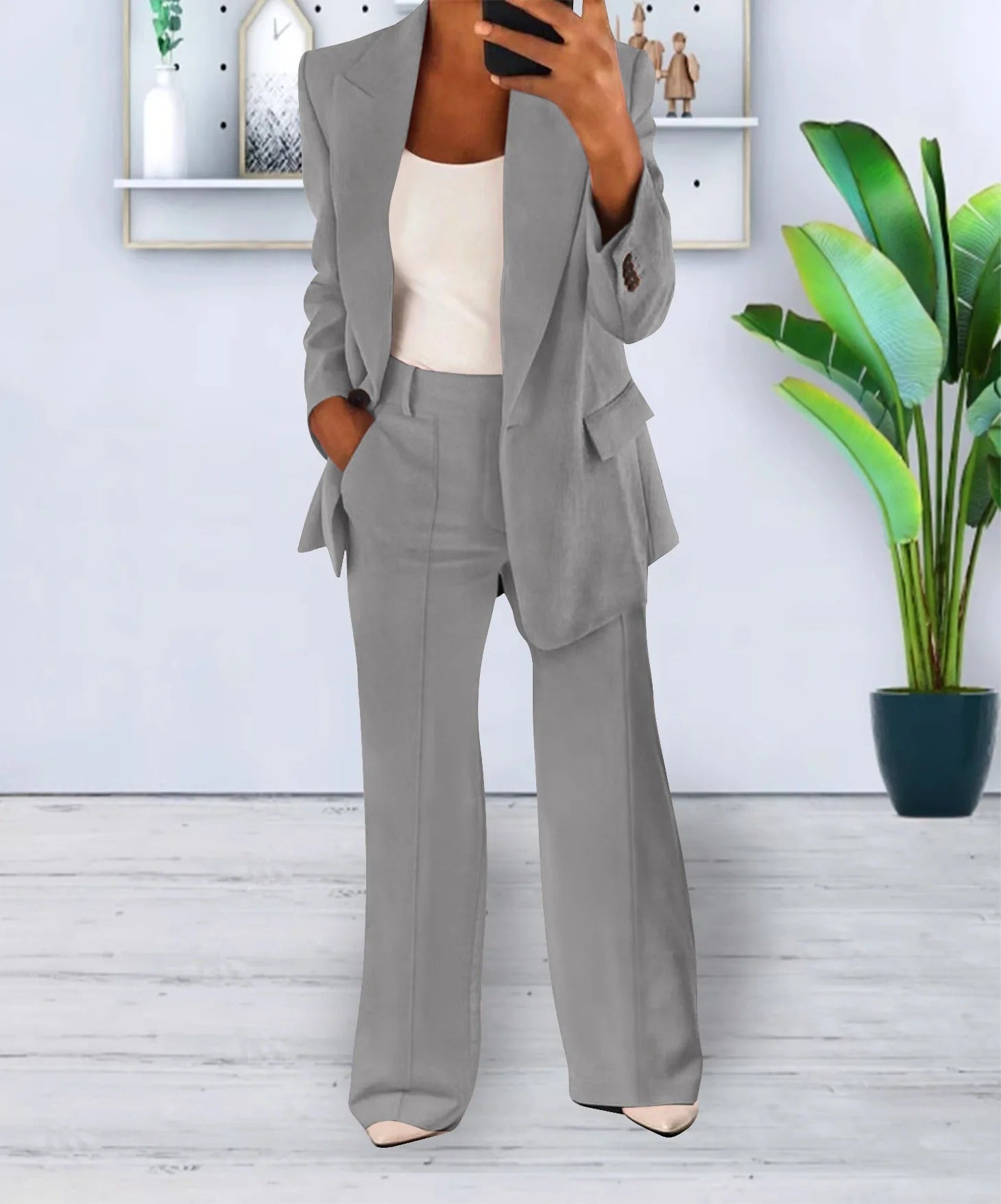 Variant image for Ensemble Tailleur Femme Blazer Surdimensionné et Pantalon Droit en Polyester Élastique - Élégance et Confort, Tailles XXS à 3XL-49