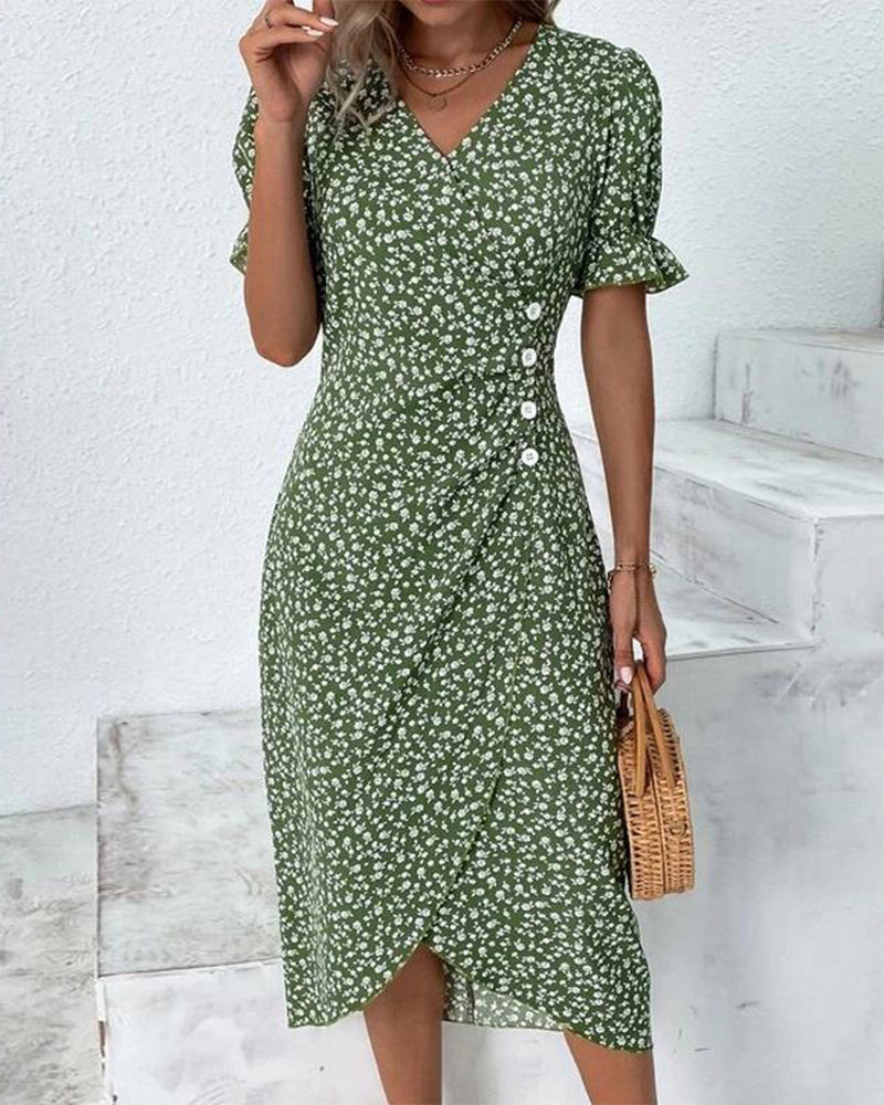 Robe Midi Femme Élégante Imprimé Floral A-Line en Mélange de Coton avec Manches Courtes et Décolleté en V-1