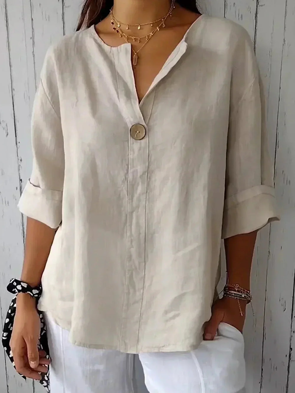 Chemisier Femme Décontracté en Coton et Lin avec Col en V – Élégance Minimaliste et Confort Optimal-1
