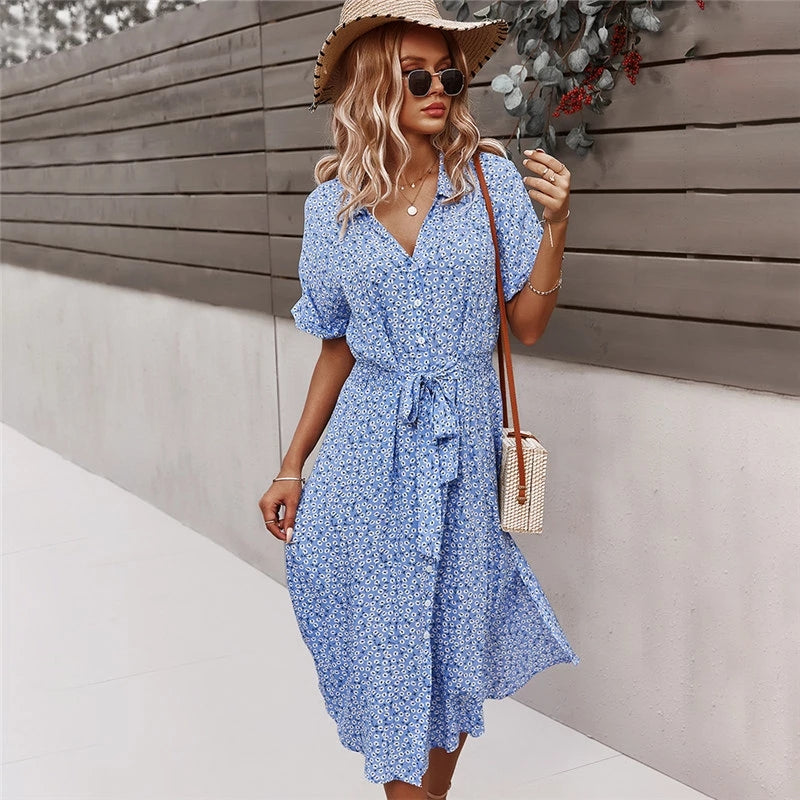 Robe d'Été Femme Chic avec Ceinture en Tissu et Jupe Aérée - Confortable et Élégante pour Sorties Décontractées-2