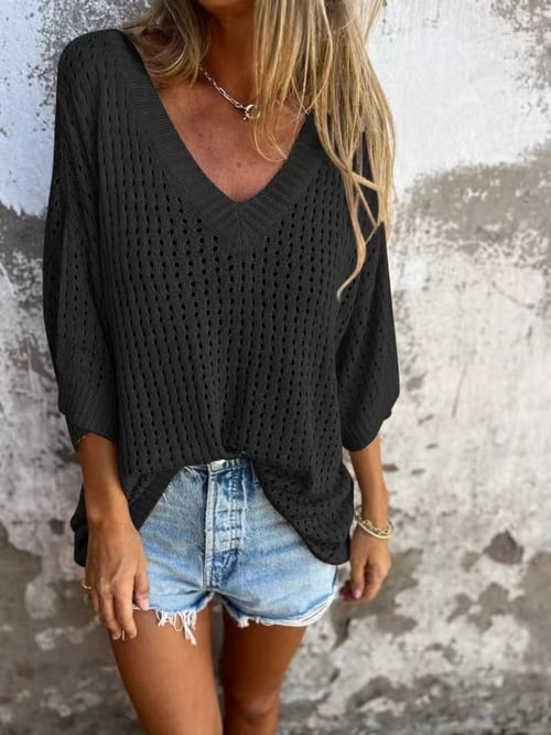 Haut Décontracté Élégant en Polyester Léger avec Décolleté en V – Confort et Style Polyvalent-2