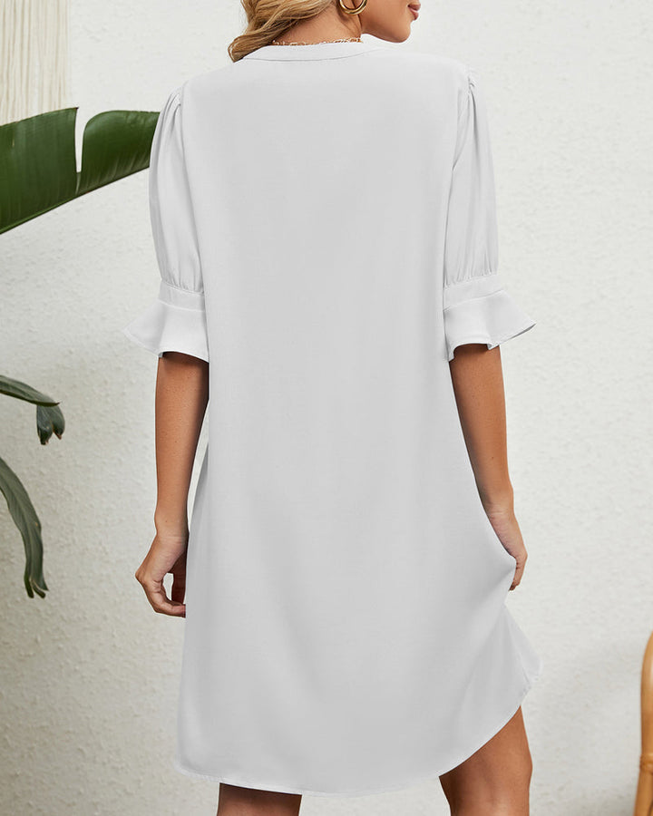 Robe de Soirée Élégante à Décolleté en V - Robe Femme Froissée Longueur Genou avec Demi-Manches en Polyester-6