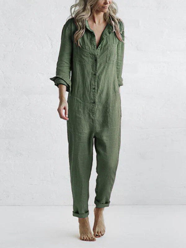 Combinaison Femme Chic en Lin Blanc – Style Vintage et Confort Optimal, Pantalon Long avec Poches-1