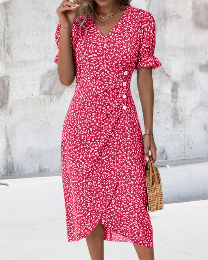 Variant image for Robe Midi Femme Élégante Imprimé Floral A-Line en Mélange de Coton avec Manches Courtes et Décolleté en V-19