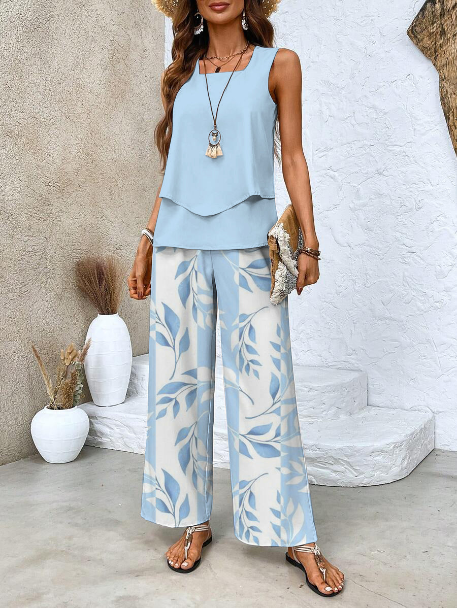 Ensemble Femme Élégant d'Été à Manches Courtes et Pantalon à Jambes Larges – Confort et Style Décontracté-1