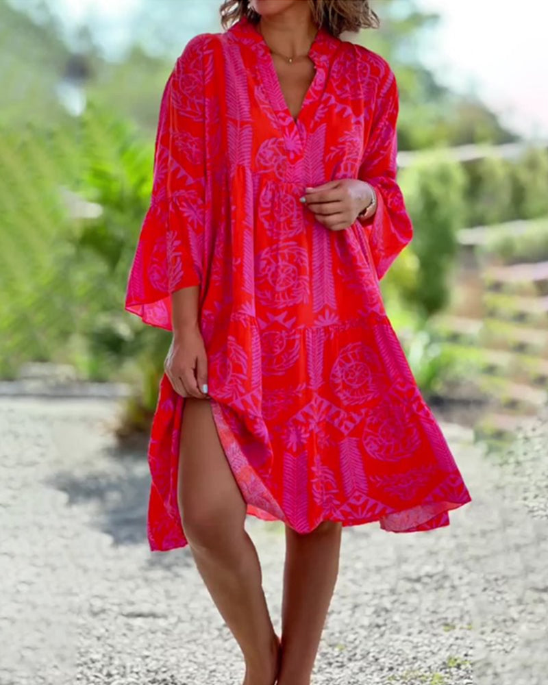 Robe Longue Femme Boho Géométrique à Manches 3/4 en Mélange de Coton - Chic et Confortable-1