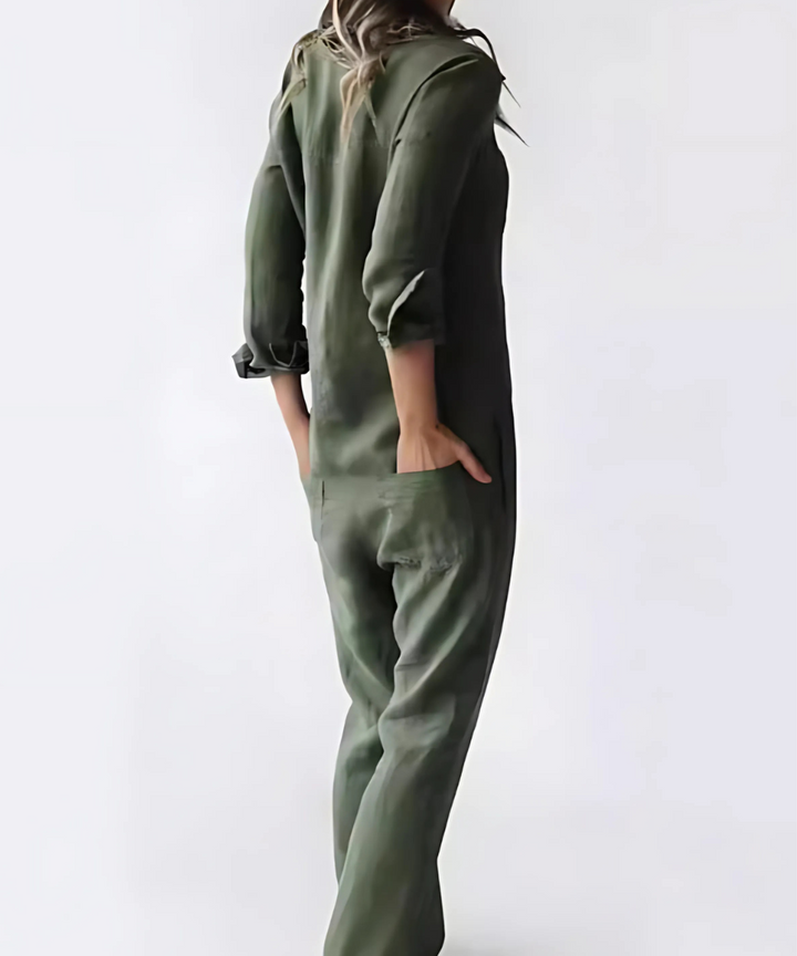 Combinaison Femme Chic en Lin Blanc – Style Vintage et Confort Optimal, Pantalon Long avec Poches-5