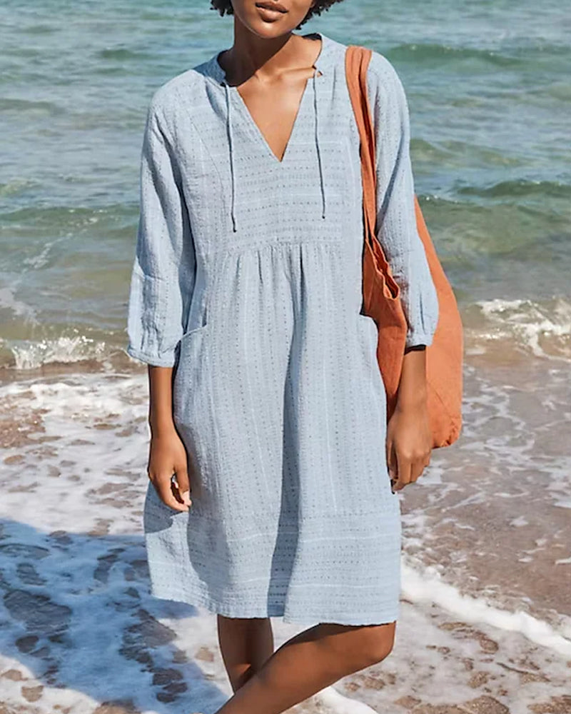 Robe Décontractée Midi en Mélange de Coton avec Poches – Tenue Décontracté Femme Confortable pour l'Été-1