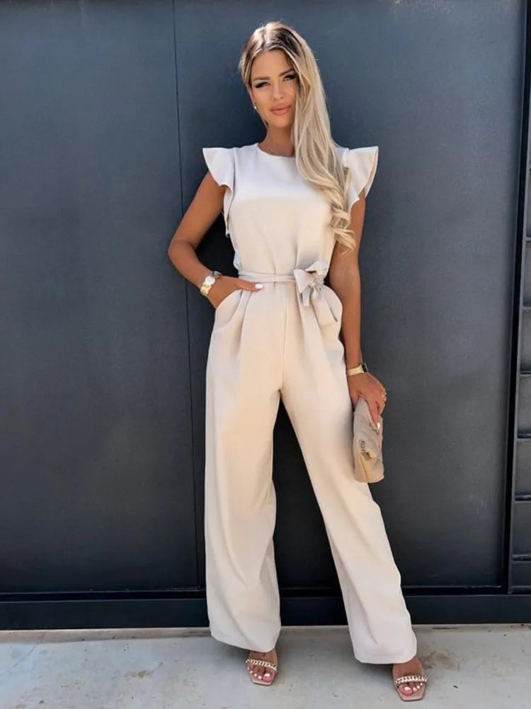 Combinaison Femme Chic avec Manches Volantes et Ceinture – Élégante et Polyvalente pour Toutes Occasions-2