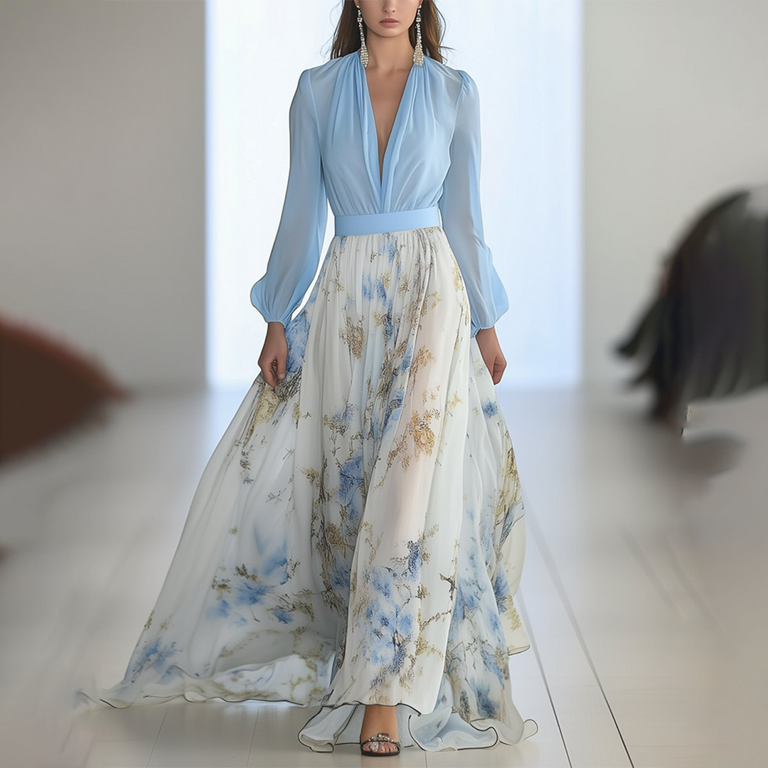 Robe Longue Fleurie Femme à Col en V – Robe Maxi d'Été Élégante avec Manches Longues et Silhouette A-Line-1