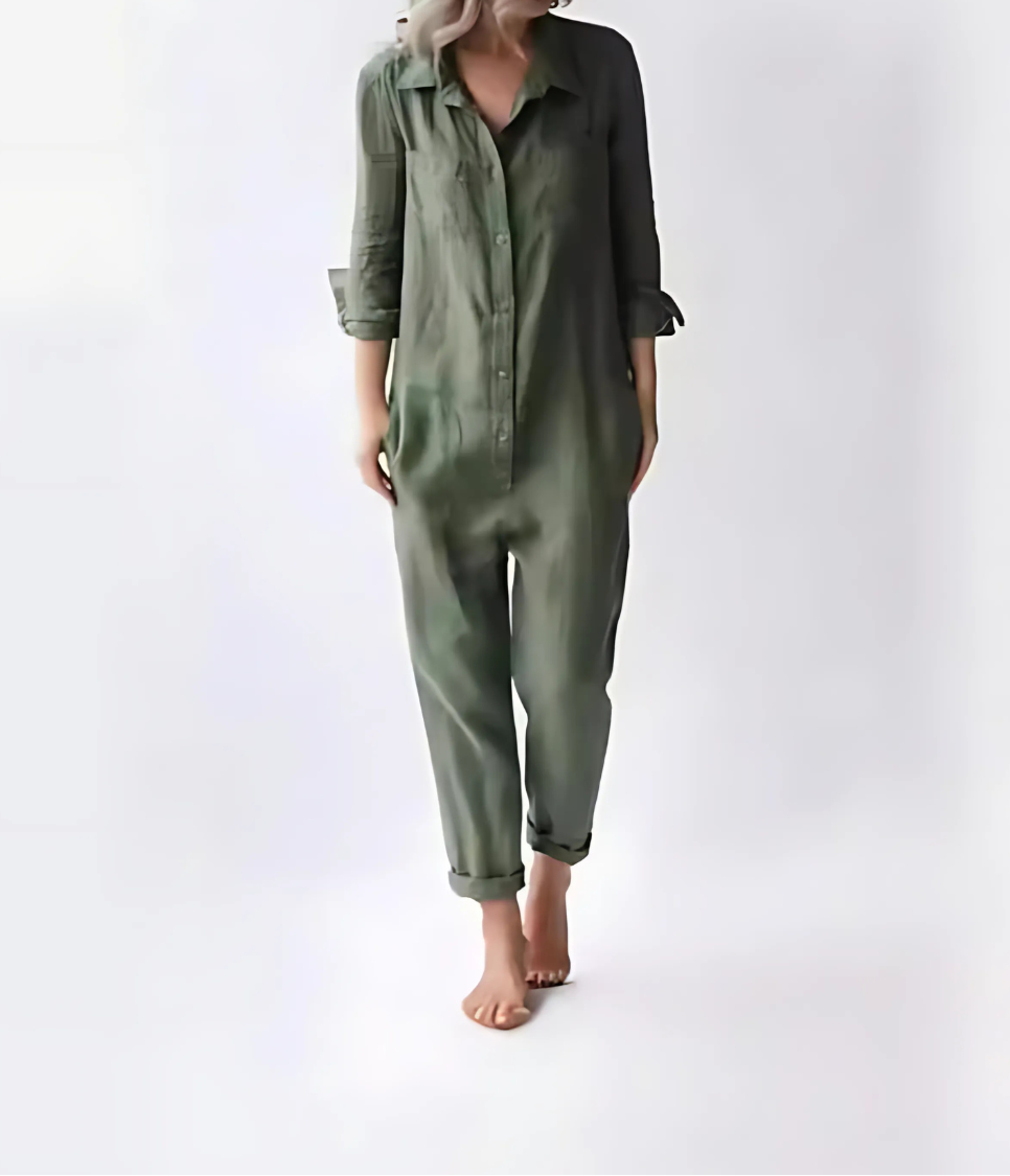 Combinaison Femme Chic en Lin Blanc – Style Vintage et Confort Optimal, Pantalon Long avec Poches-6