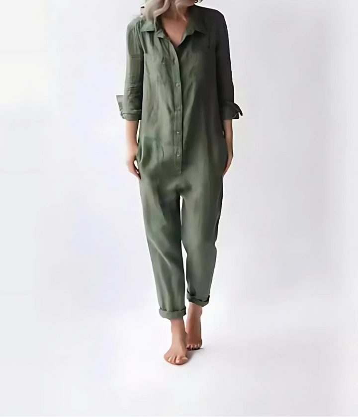Combinaison Femme Chic en Lin Blanc – Style Vintage et Confort Optimal, Pantalon Long avec Poches-6