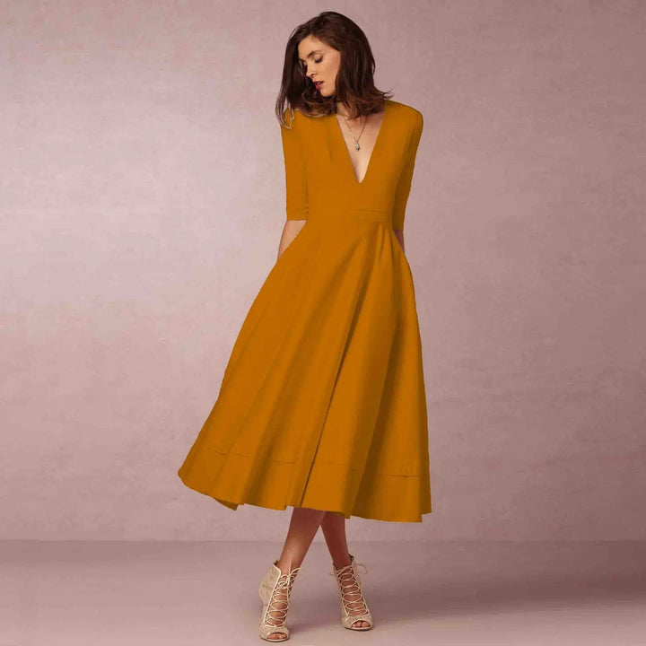Robe de Soirée A-Line Élégante Femme avec Col en V Profond – Longueur Mi-Mollet, Confort et Style Chic-2