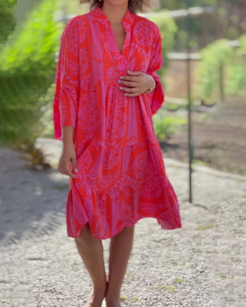 Robe Longue Femme Boho Géométrique à Manches 3/4 en Mélange de Coton - Chic et Confortable-2