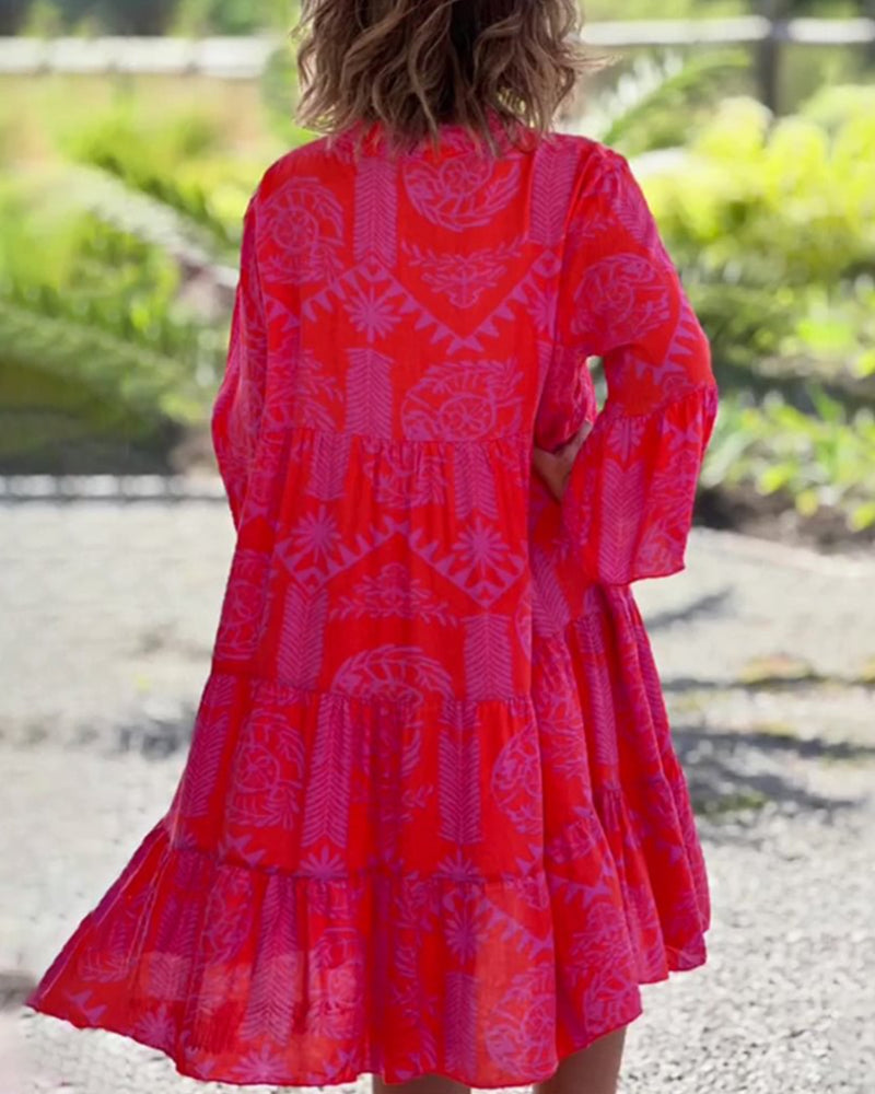 Robe Longue Femme Boho Géométrique à Manches 3/4 en Mélange de Coton - Chic et Confortable-3