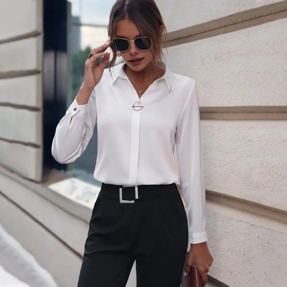 Chemisier Femme Chic en Mousseline Blanche, Manches Longues et Col Classique – Élégant et Polyvalent pour Bureau et Décontracté-2