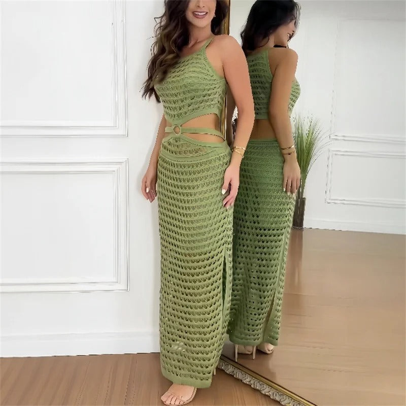 Ensemble de Deux Pièces en Crochet Boho Chic – Tissu Léger et Respirant, Jupe Taille Haute, Disponible en Plusieurs Couleurs-2