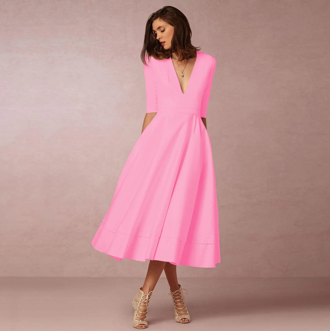 Robe de Soirée A-Line Élégante Femme avec Col en V Profond – Longueur Mi-Mollet, Confort et Style Chic-4