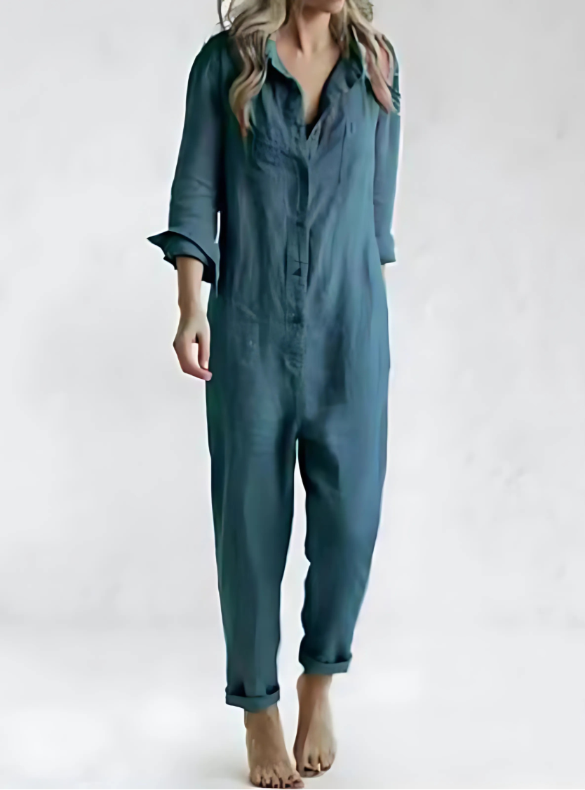 Variant image for Combinaison Femme Chic en Lin Blanc – Style Vintage et Confort Optimal, Pantalon Long avec Poches-7