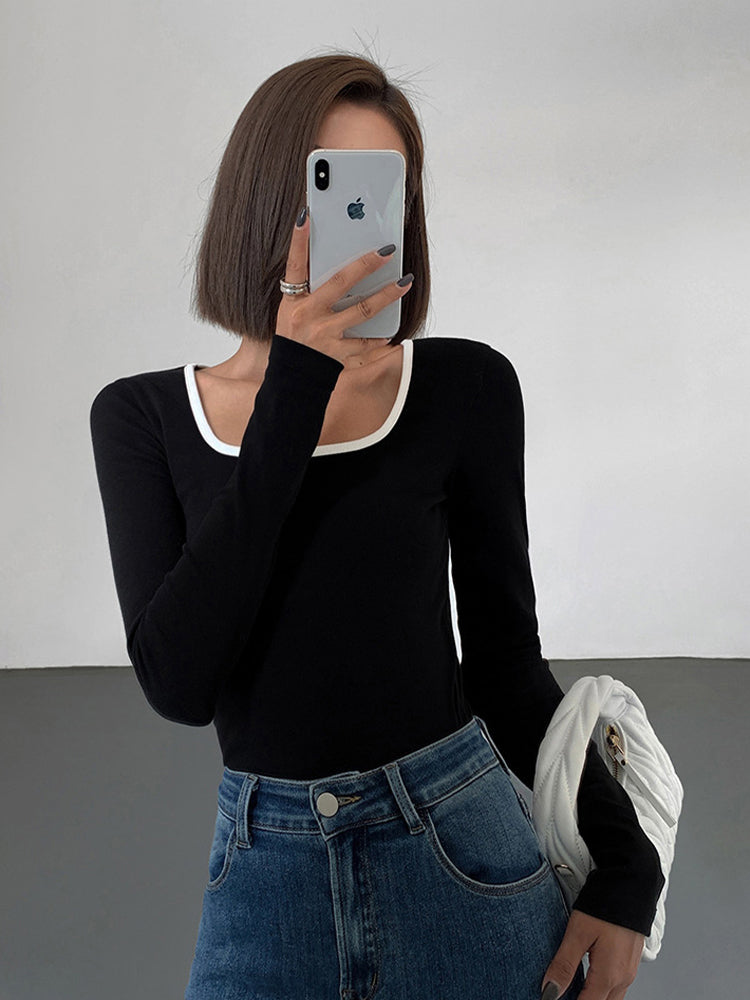 Top à Manches Longues en Jersey avec Décolleté Contrasté - Confortable et Élégant, Disponible en Plusieurs Tailles et Couleurs-4