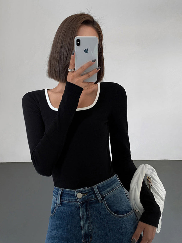 Top à Manches Longues en Jersey avec Décolleté Contrasté - Confortable et Élégant, Disponible en Plusieurs Tailles et Couleurs-4