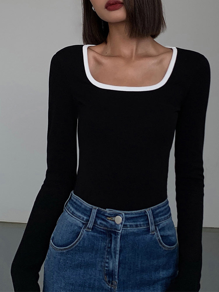 Top à Manches Longues en Jersey avec Décolleté Contrasté - Confortable et Élégant, Disponible en Plusieurs Tailles et Couleurs-1