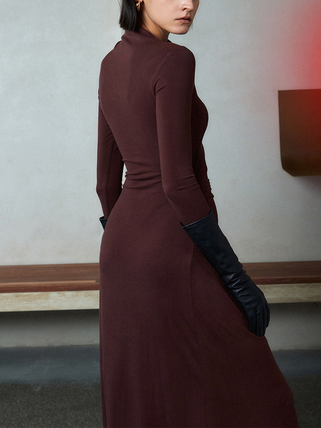 Robe Longue Femme Asymétrique à Manches Longues en Jersey Élastique – Élégante Robe de Soirée-3