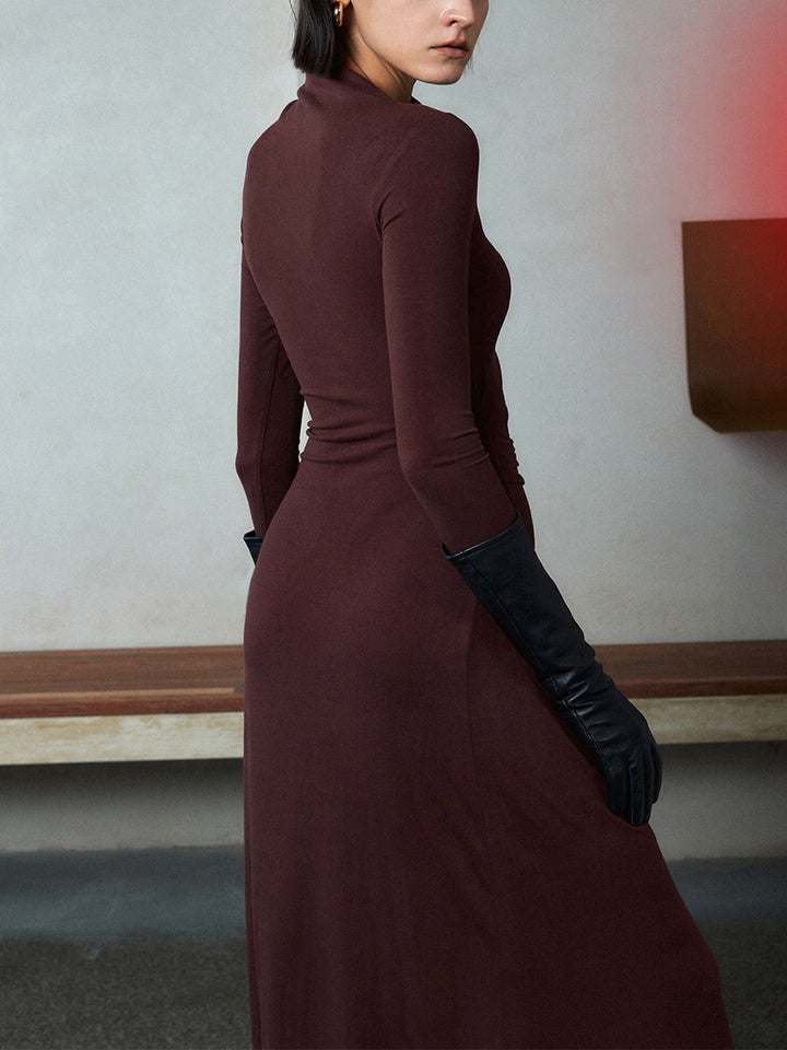 Robe Longue Femme Asymétrique à Manches Longues en Jersey Élastique – Élégante Robe de Soirée-3