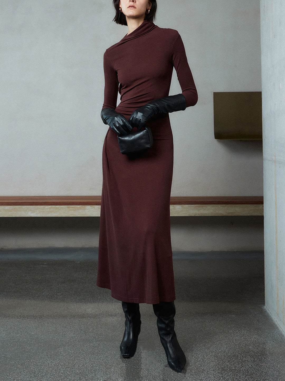 Robe Longue Femme Asymétrique à Manches Longues en Jersey Élastique – Élégante Robe de Soirée-4