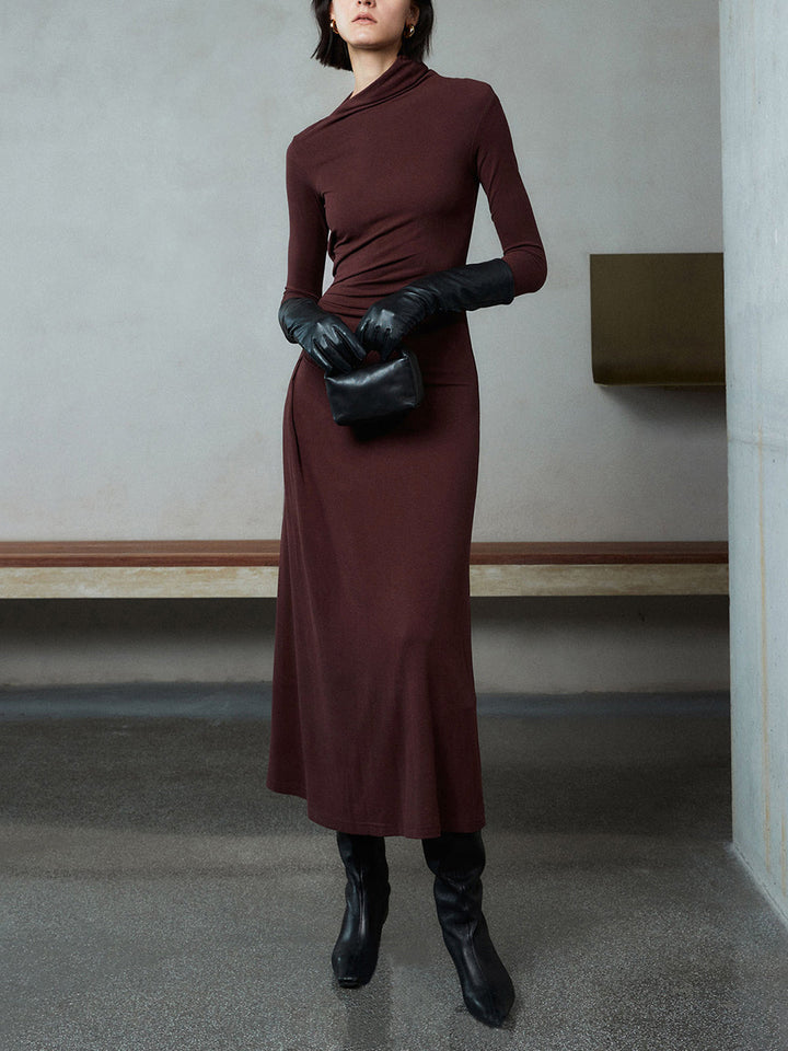 Robe Longue Femme Asymétrique à Manches Longues en Jersey Élastique – Élégante Robe de Soirée-4