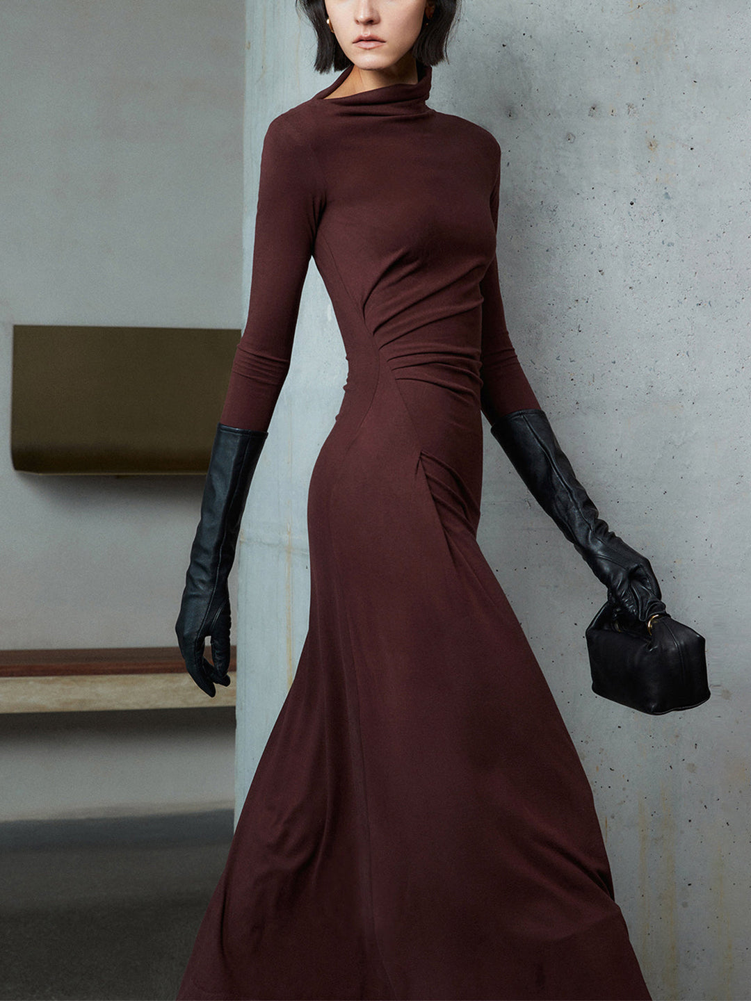 Robe Longue Femme Asymétrique à Manches Longues en Jersey Élastique – Élégante Robe de Soirée-1