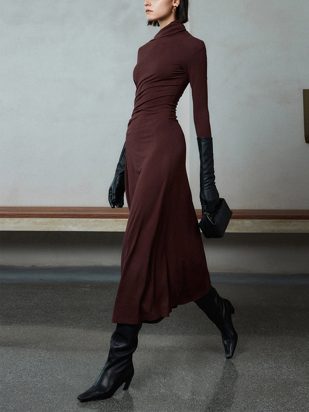 Robe Longue Femme Asymétrique à Manches Longues en Jersey Élastique – Élégante Robe de Soirée-2