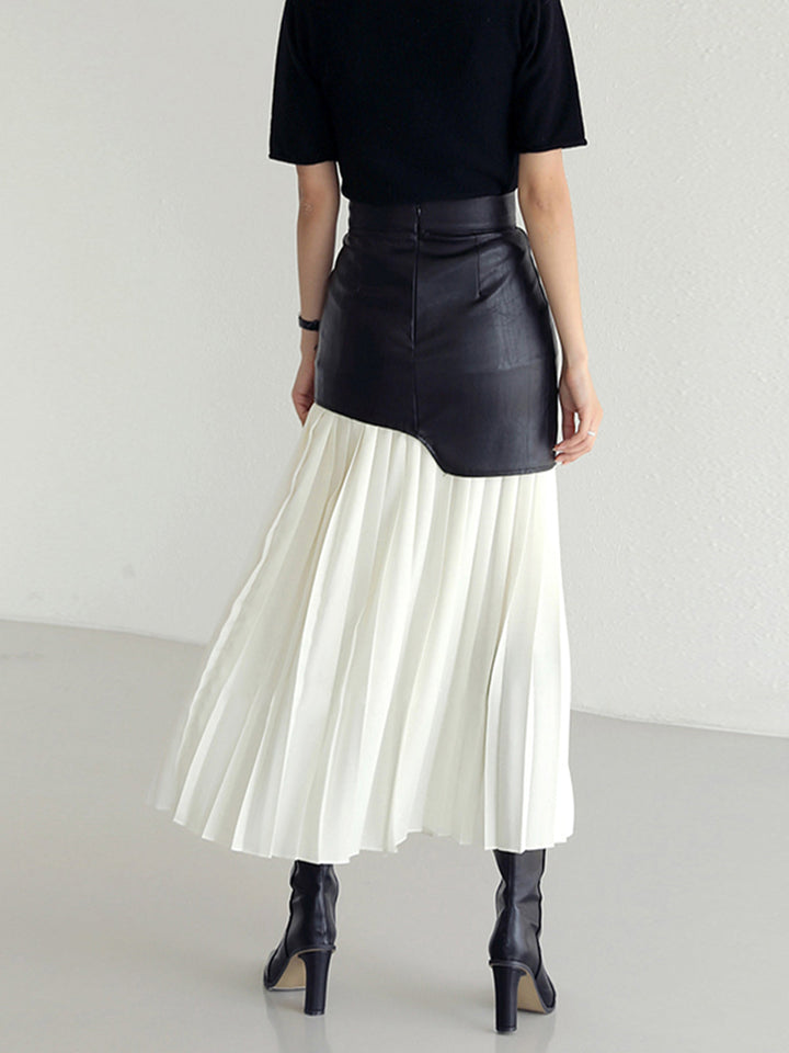 Jupe Longue Femme Asymétrique en Mousseline de Soie et Cuir Synthétique – Patchwork Élégant, Longueur Midi-3