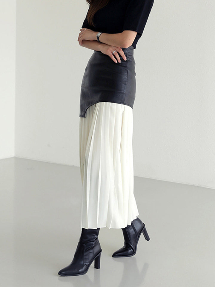 Jupe Longue Femme Asymétrique en Mousseline de Soie et Cuir Synthétique – Patchwork Élégant, Longueur Midi-4