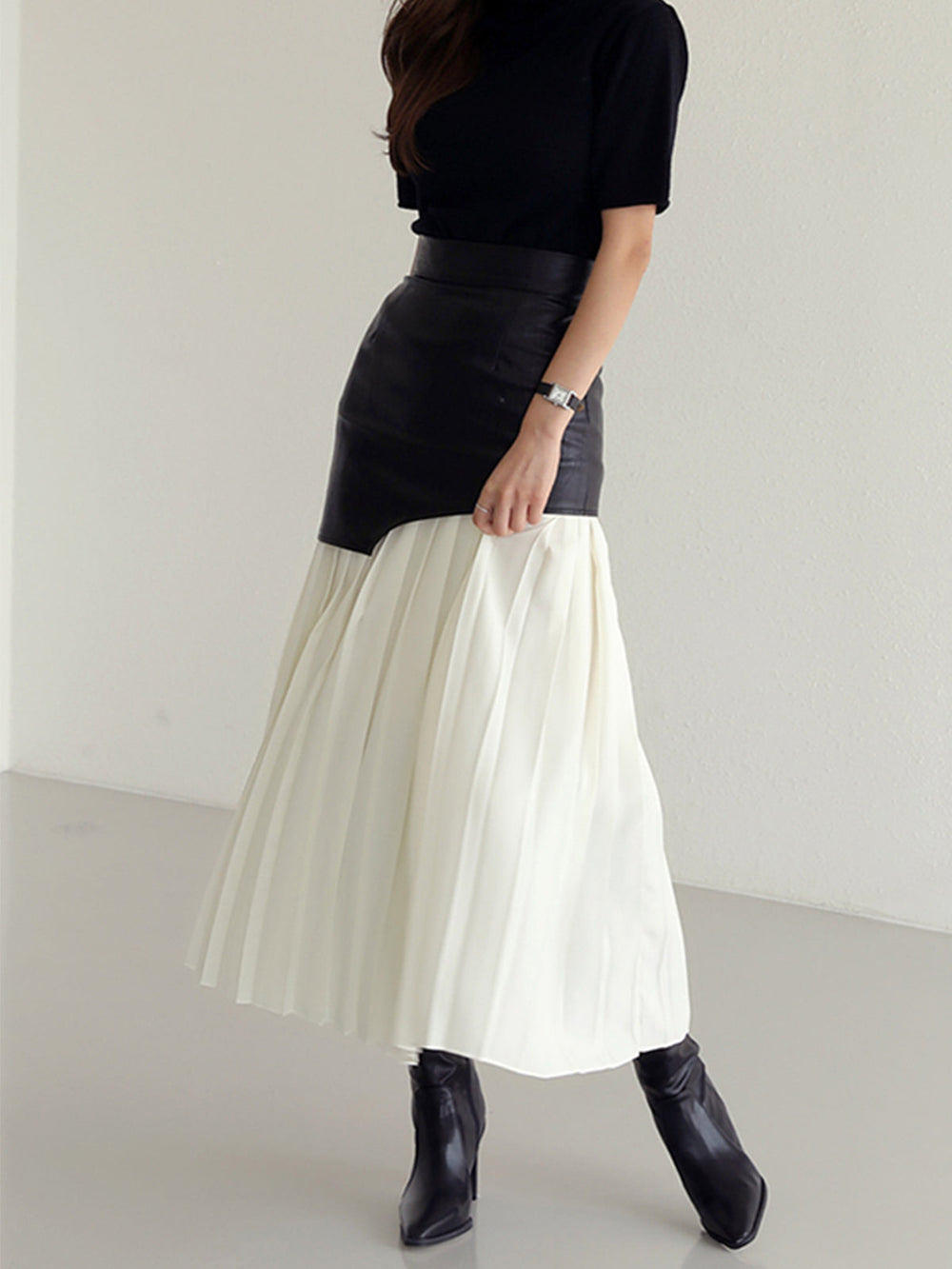 Jupe Longue Femme Asymétrique en Mousseline de Soie et Cuir Synthétique – Patchwork Élégant, Longueur Midi-2