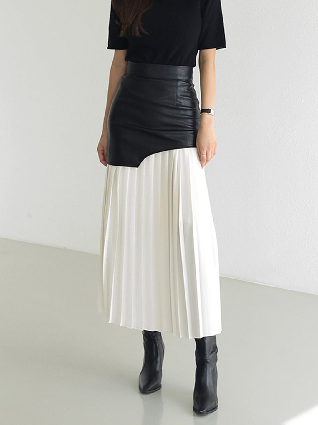 Jupe Longue Femme Asymétrique en Mousseline de Soie et Cuir Synthétique – Patchwork Élégant, Longueur Midi-1