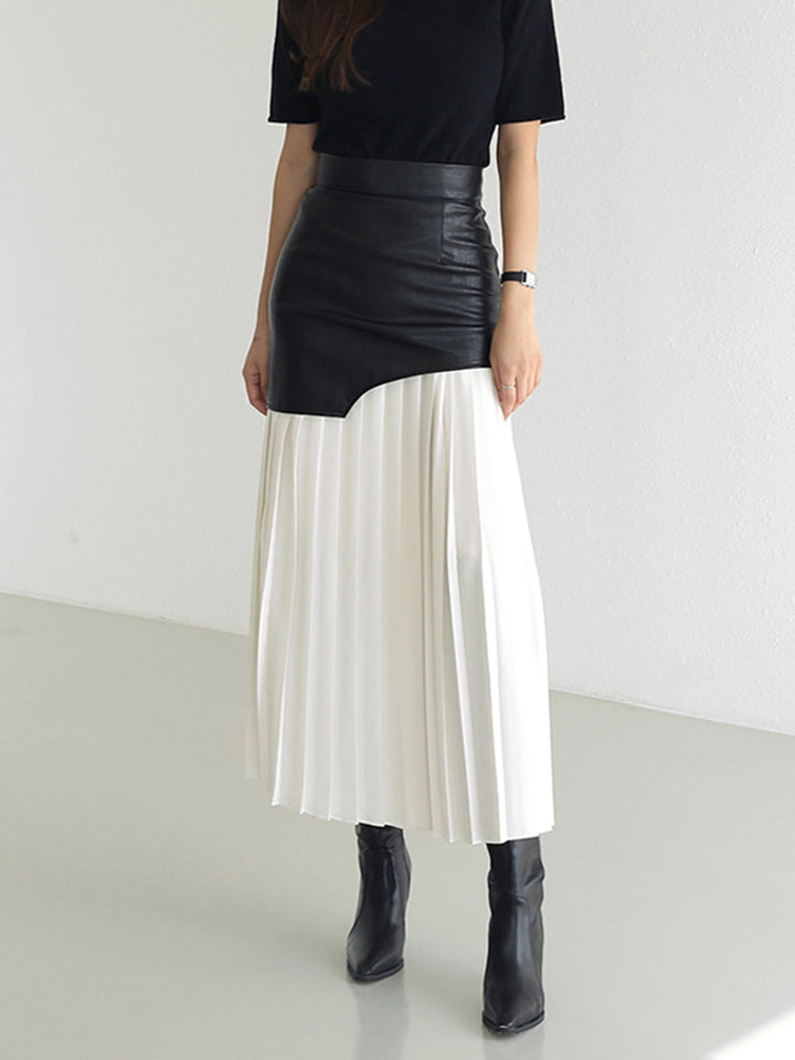 Jupe Longue Femme Asymétrique en Mousseline de Soie et Cuir Synthétique – Patchwork Élégant, Longueur Midi-1
