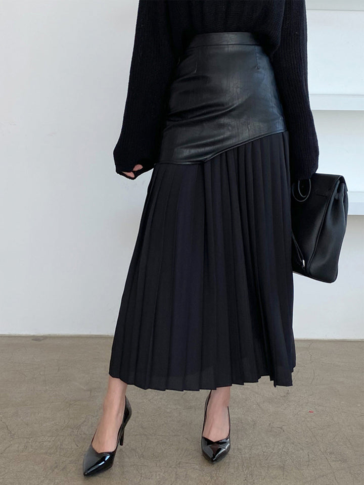 Jupe Longue Femme Asymétrique en Mousseline de Soie et Cuir Synthétique – Patchwork Élégant, Longueur Midi-6