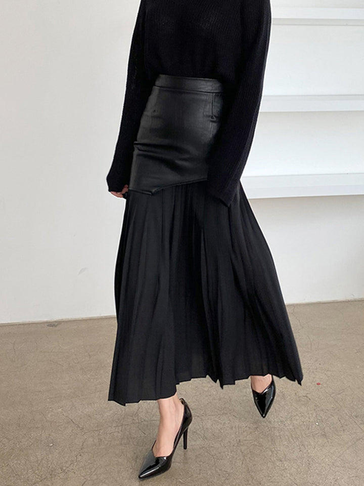 Jupe Longue Femme Asymétrique en Mousseline de Soie et Cuir Synthétique – Patchwork Élégant, Longueur Midi-5