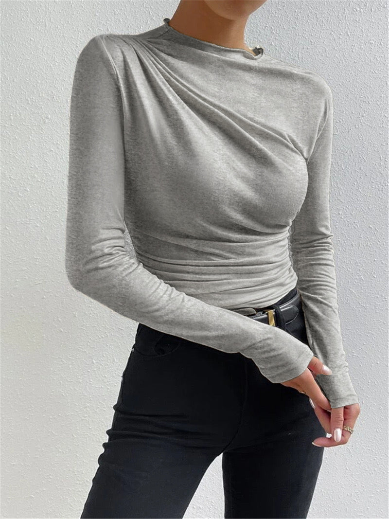 Chemise Femme à Manches Longues en Polyester avec Design Plissé – Élégance et Confort pour Toutes Occasions-2