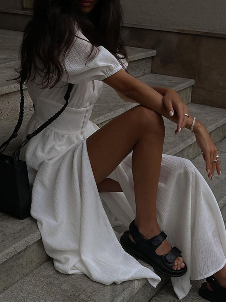 Robe Longue Femme en Polyester avec Décolleté en V – Élégante Robe de Soirée Longue Maxi Blanche pour l'Été-4