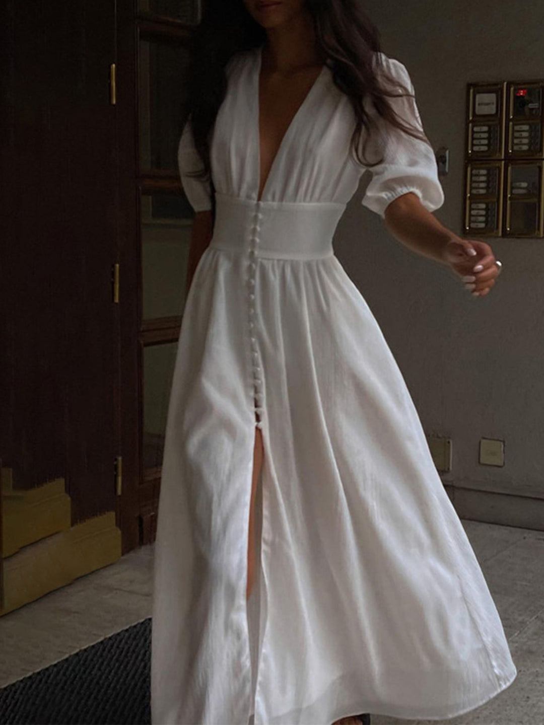 Robe Longue Femme en Polyester avec Décolleté en V – Élégante Robe de Soirée Longue Maxi Blanche pour l'Été-1