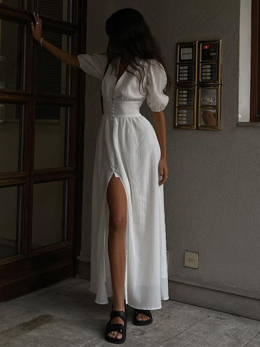 Robe Longue Femme en Polyester avec Décolleté en V – Élégante Robe de Soirée Longue Maxi Blanche pour l'Été-3