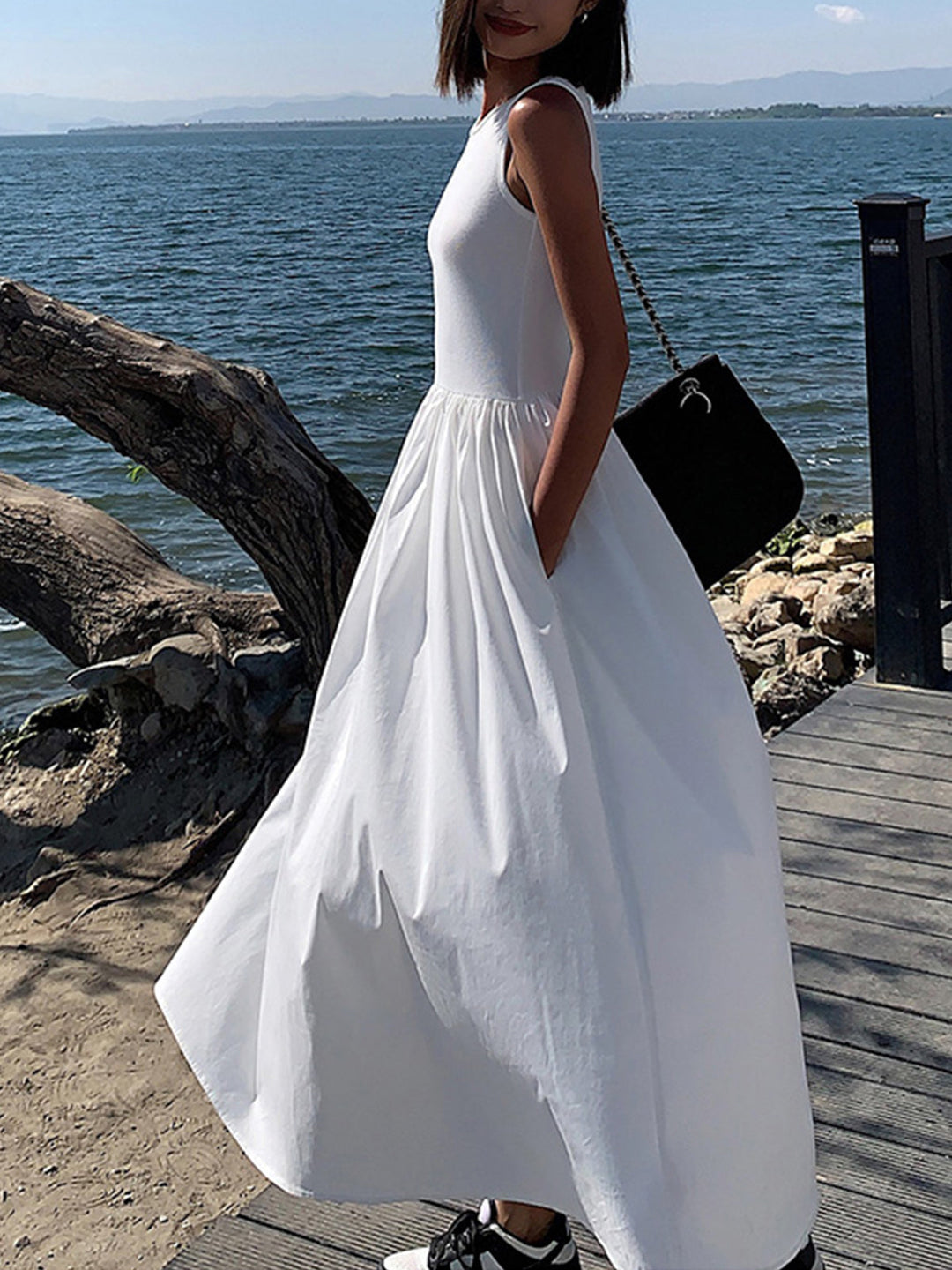 Variant image for Robe Longue Femme Décontractée en Coton Blanc, Sans Manches, Idéale pour l'Été - Confort Optimal et Style Élégant-11