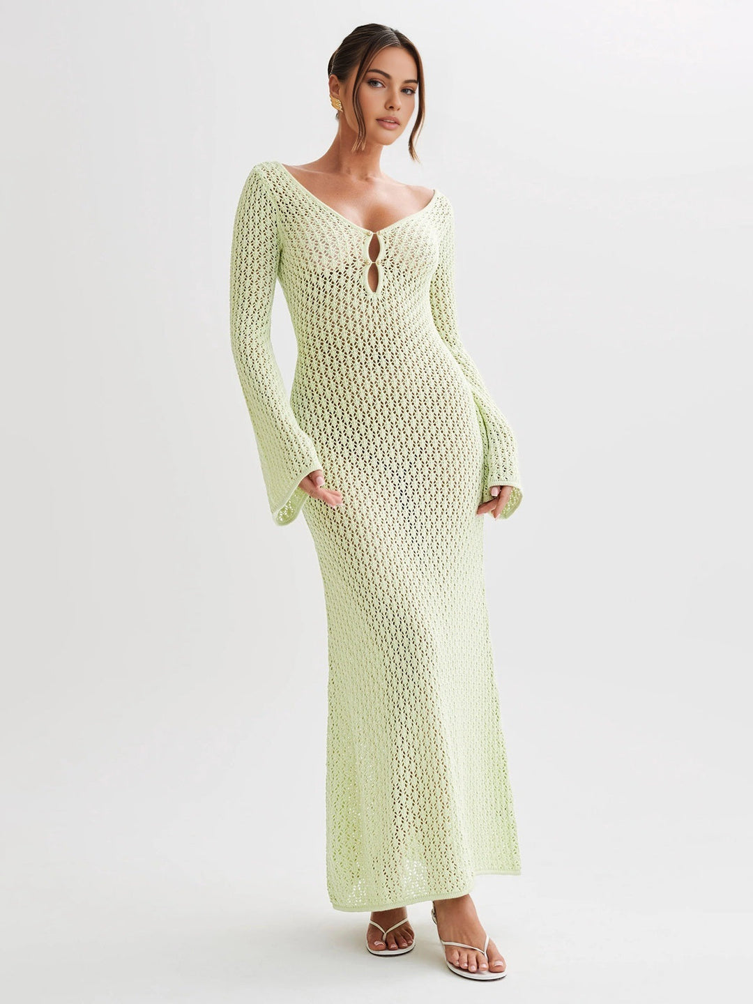 Variant image for Robe Longue Femme Dos Nu à Manches Longues en Tricot – Robe de Soirée Été Maxi Élégante-19
