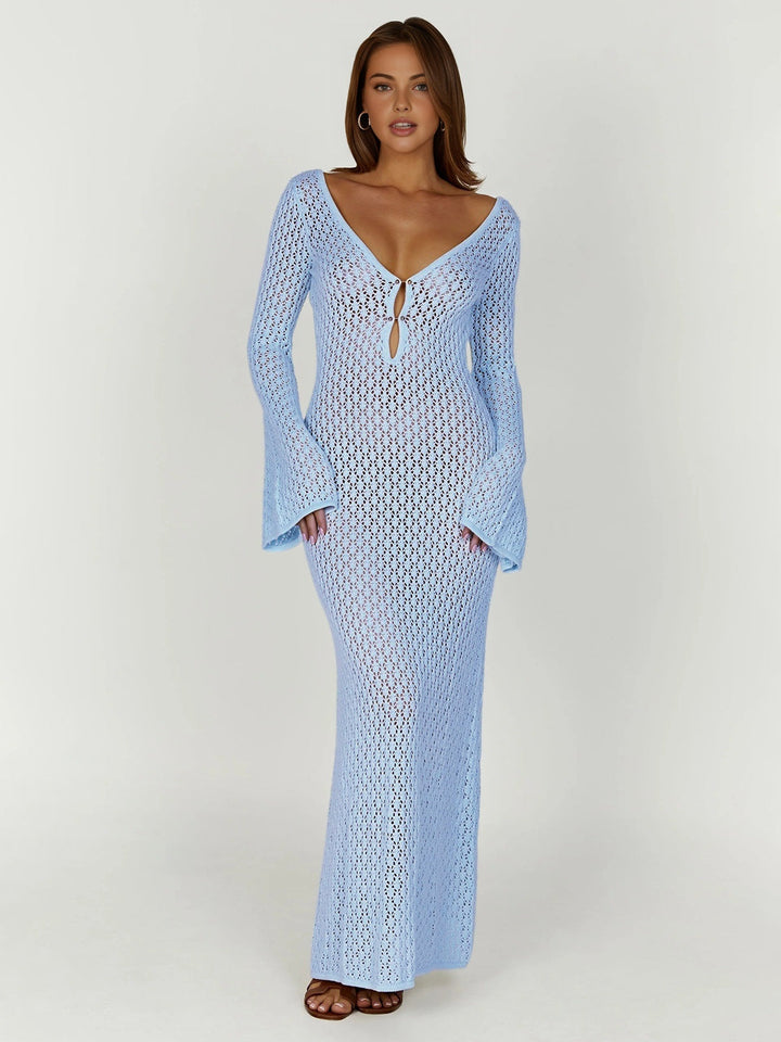Variant image for Robe Longue Femme Dos Nu à Manches Longues en Tricot – Robe de Soirée Été Maxi Élégante-24