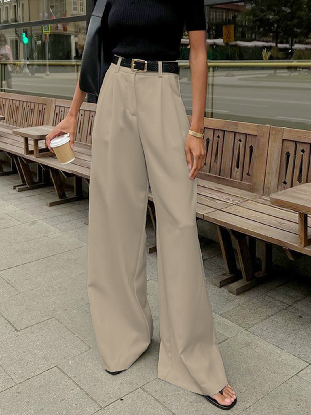 Variant image for Pantalon Fluide Femme à Jambe Large en Polyester et Rayonne – Confort Élégant, Idéal pour Look Décontracté-11